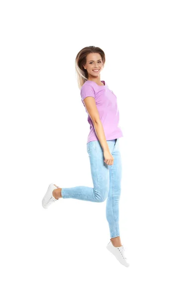 Beautiful Woman Jumping White Background — Stock Photo, Image