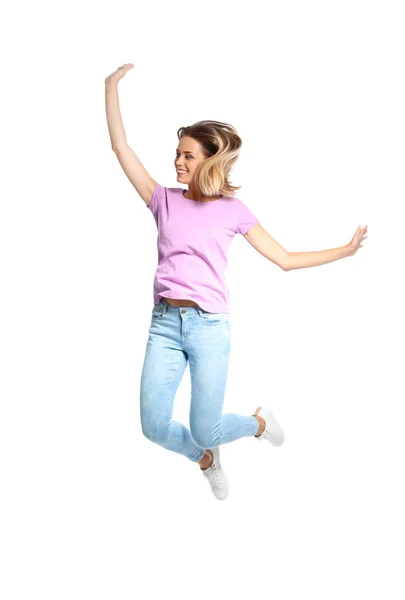 Beautiful Woman Jumping White Background — Stock Photo, Image