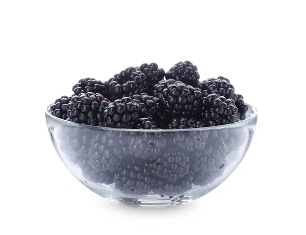 白色背景黑莓玻璃碗 — 图库照片