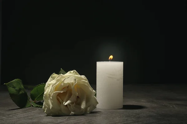 Beautiful white rose and candle on table against black background. Funeral symbol
