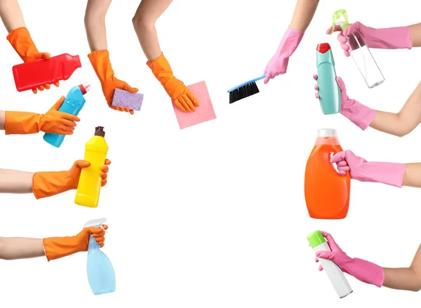 Set People Holding Different Cleaning Supplies Space Text White Background — Stock Photo, Image