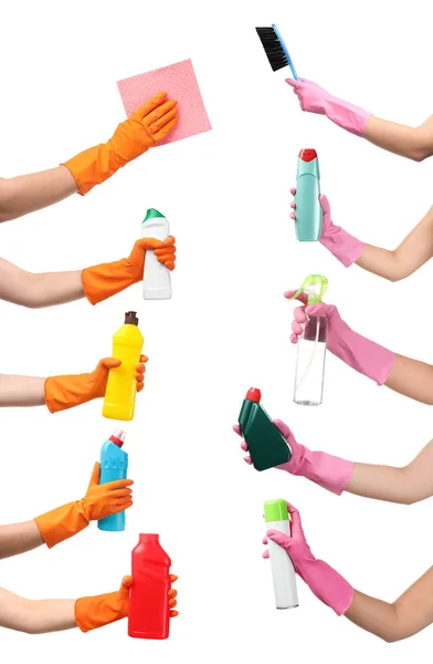 Set Mit Personen Die Verschiedene Reinigungsmittel Auf Weißem Hintergrund Halten — Stockfoto