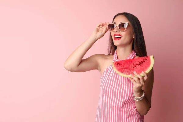 Beautiful Young Woman Posing Watermelon Color Background — Stock Photo, Image