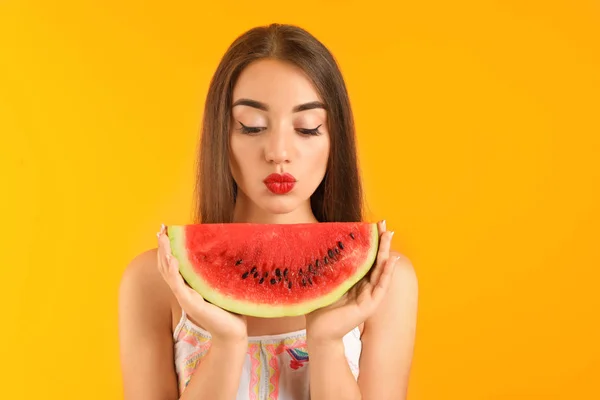 Beautiful Young Woman Posing Watermelon Color Background — Stock Photo, Image