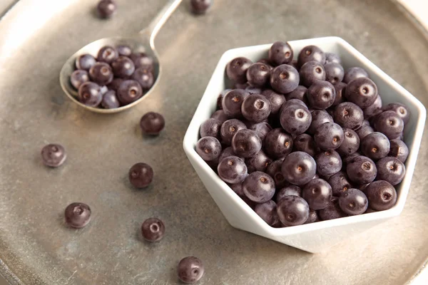 Bowl Fresh Acai Berries Tray Closeup — Stock Photo, Image