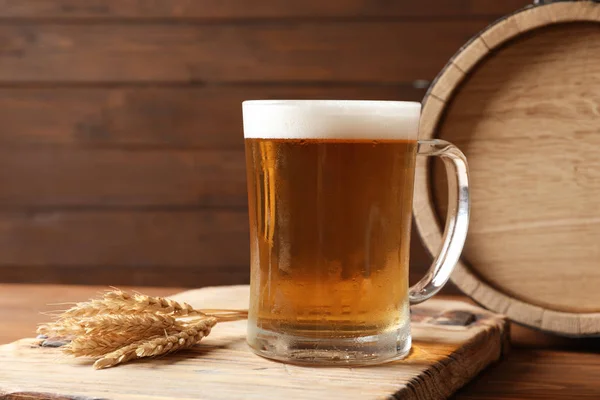 Glass Mug Cold Tasty Beer Malt Wooden Table — Stock Photo, Image