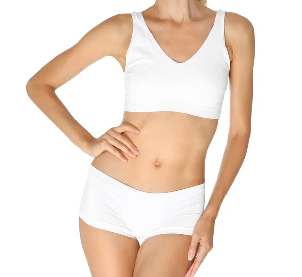 Jovem Mulher Magro Roupa Interior Fundo Branco Dieta Perda Peso — Fotografia de Stock