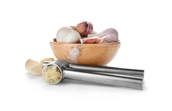 Garlic Press Bowl Cloves White Background — Stock Photo, Image