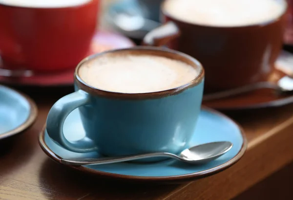 Cups Fresh Aromatic Coffee Wood Table Closeup — Stok Foto