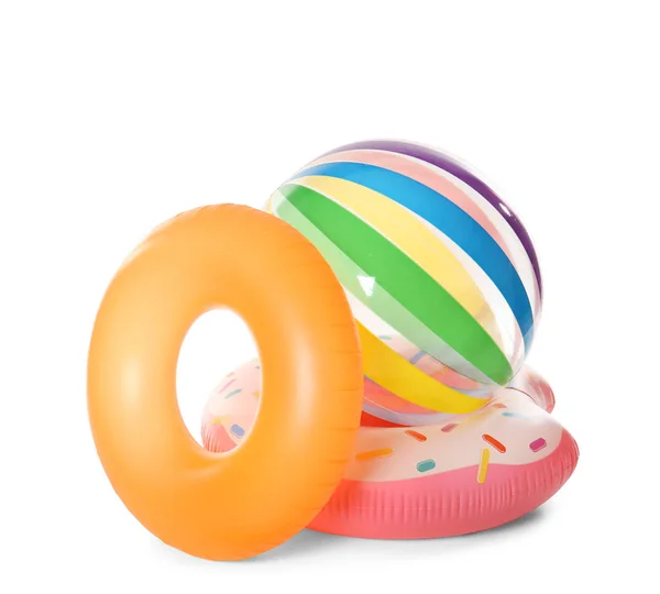 Bright Inflatable Rings Ball White Background Summer Holidays — Stock Photo, Image