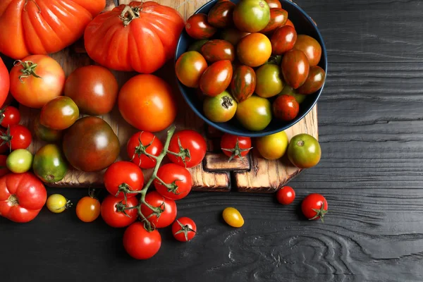 Composição Leigos Plana Com Tomates Suculentos Fundo Madeira — Fotografia de Stock