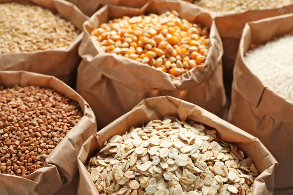 Bolsas Diferentes Granos Cereales Primer Plano —  Fotos de Stock