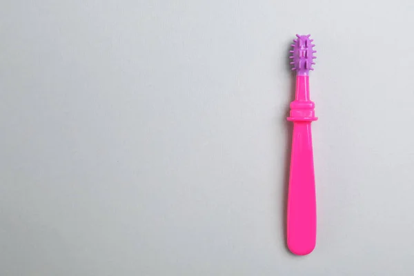 Manual Toothbrush Child Gray Background Top View Space Text — Stock Photo, Image