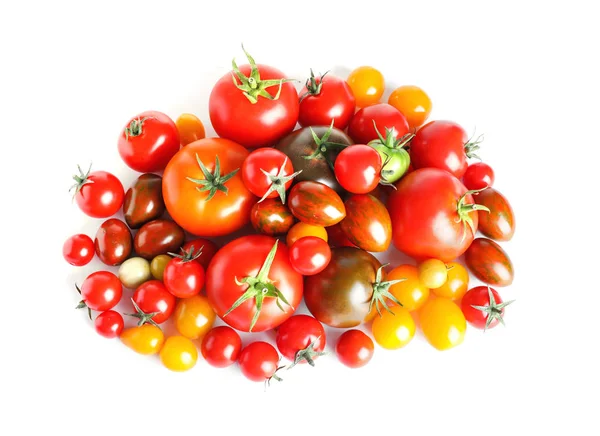 Verschillende Lekkere Rijpe Tomaten Witte Achtergrond Bovenaanzicht — Stockfoto