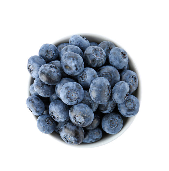 Bowl full of fresh ripe blueberries on white background, top view