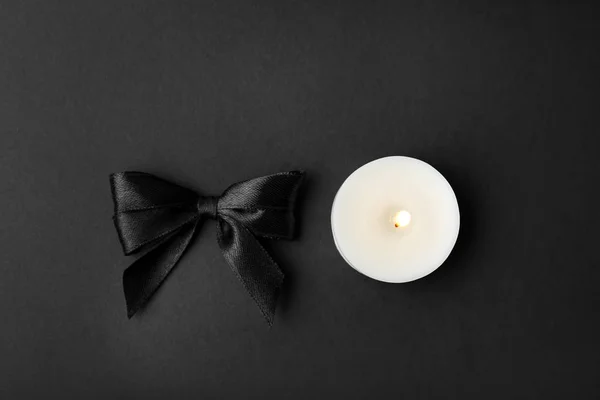 Ribbon Candle Black Background Top View Funeral Symbols — Stock Photo, Image