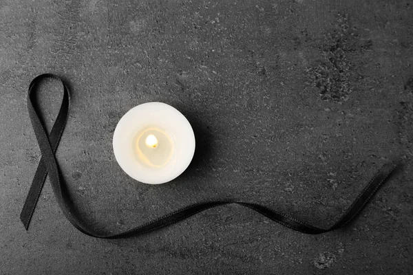 Black Ribbon Candle Grey Background Top View Funeral Symbols — Stock Photo, Image