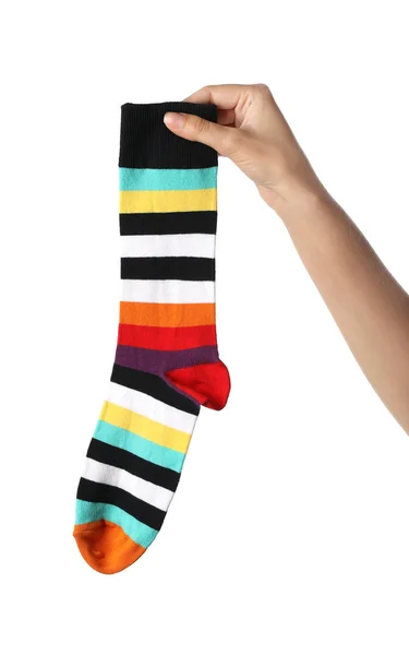 Woman Holding Colorful Sock White Background — Stock Photo, Image