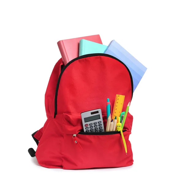 Stylischer Rucksack Mit Schulpapier Auf Weißem Hintergrund — Stockfoto