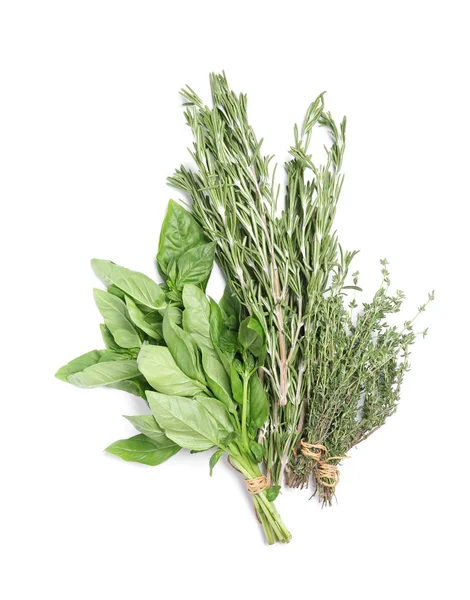 Fresh Green Basil Rosemary Thyme White Background Top View Aromatic — Stock Photo, Image