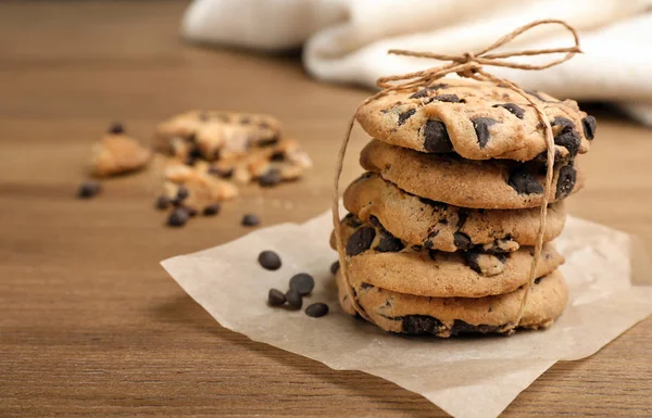 Stack Cookies Chocolate Chips Wooden Table — Stock Photo, Image