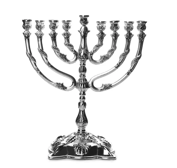 Güzel Gümüş Hanukkah Menorah Beyaz Arka Plan Üzerinde — Stok fotoğraf