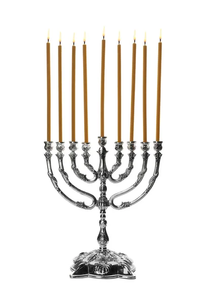 Hanukkah Menorah Beyaz Zemin Üzerine Mumlar Ile — Stok fotoğraf