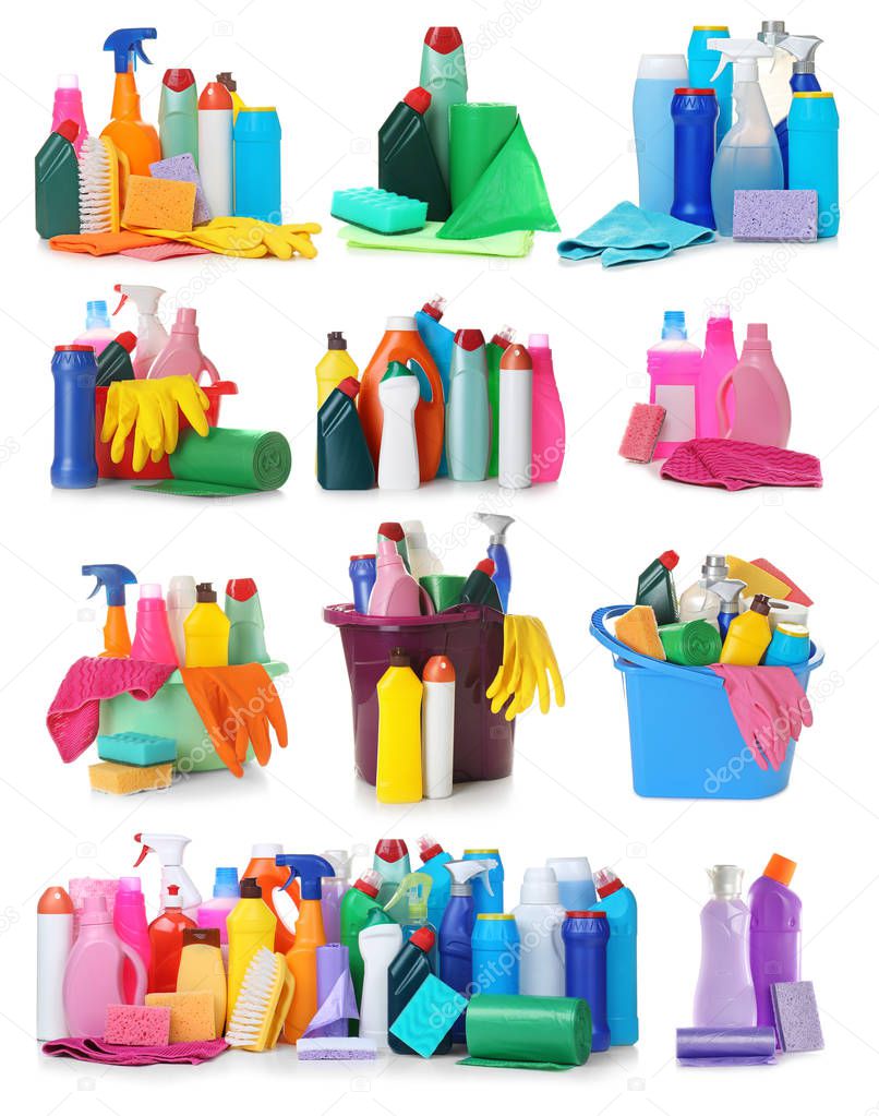 Set of different cleaning supplies in white background