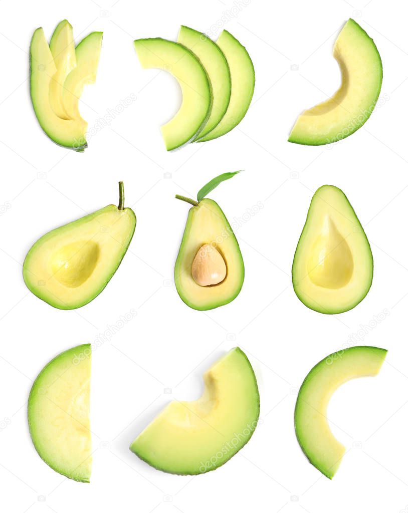 Set with ripe sliced avocados on white background, top view