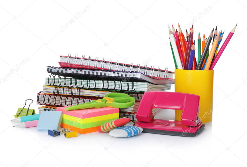 Different colorful stationery on white background. Back to school