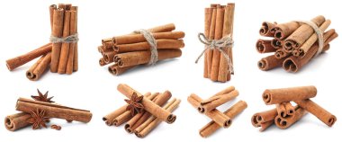 Beyaz arkaplanda aromatik tarçın çubukları ile ayarlandı