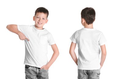 Beyaz arka plan ön ve arka sayısı boş t-shirt küçük çocuk. Mockup tasarım için