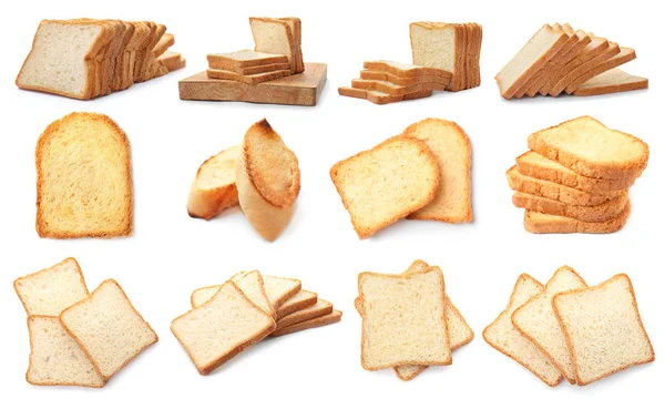 Σετ Φέτες Ψωμί Του Τοστ Νόστιμα Λευκό Φόντο — Φωτογραφία Αρχείου