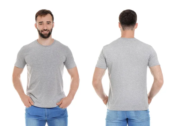 Vue Avant Arrière Jeune Homme Shirt Gris Sur Fond Blanc — Photo