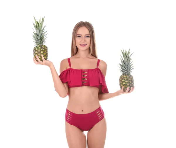 Sexy Junge Frau Bikini Mit Ananas Auf Weißem Hintergrund — Stockfoto