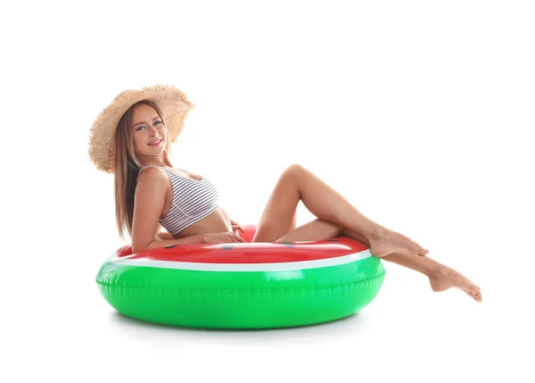 Sexy Jonge Vrouw Bikini Met Opblaasbare Ring Witte Achtergrond — Stockfoto