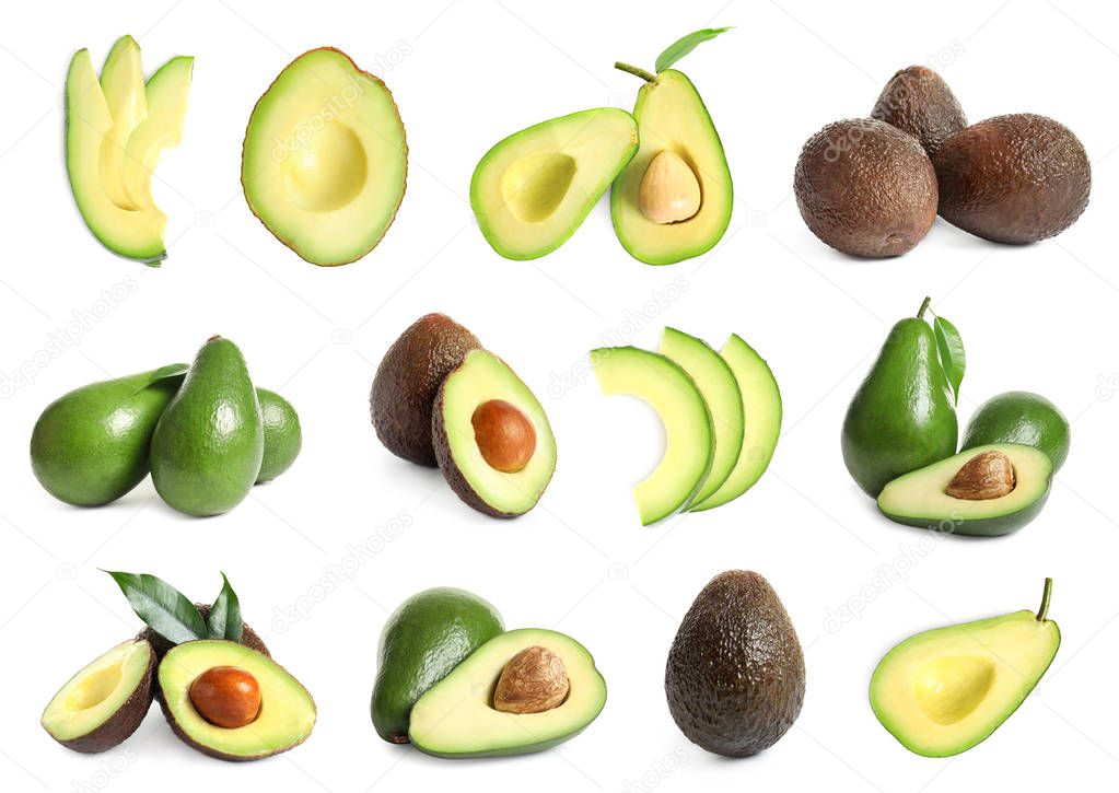 Set with whole and sliced avocados on white background