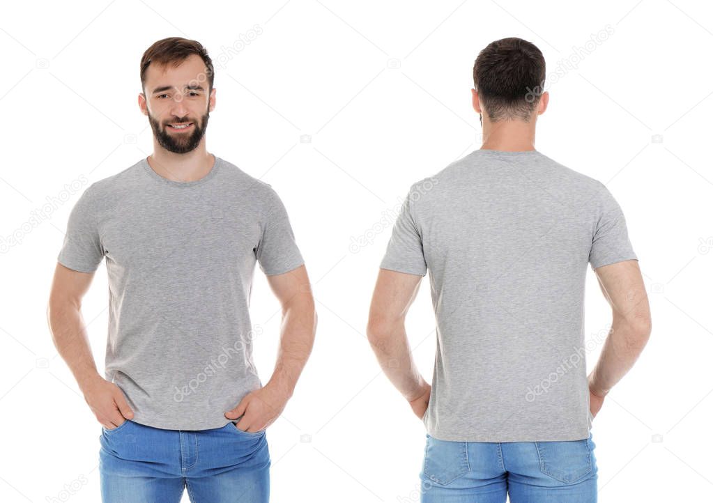 Front and back views of young man in grey t-shirt on white background. Mockup for design