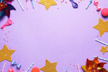 Parti nesneleri ve metin renk arka plan üzerinde için yer düz yatıyordu kompozisyonu