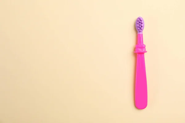 Manual Toothbrush Child Color Background Top View Space Text — Stock Photo, Image