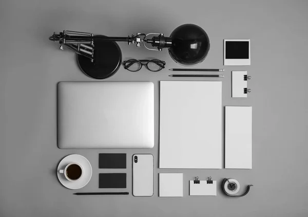 Flat Lay Composition Stationery Grey Background Mock Design — Stock Photo, Image