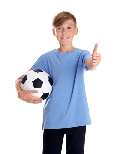 Portrait Jeune Garçon Tenant Ballon Football Sur Fond Blanc — Photo