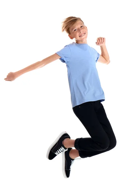Portrait Young Boy Jumping White Background — Stock Photo, Image