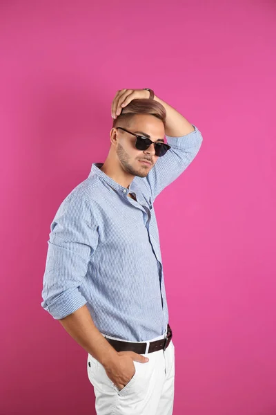 Young Man Trendy Hairstyle Color Background — Stock Photo, Image