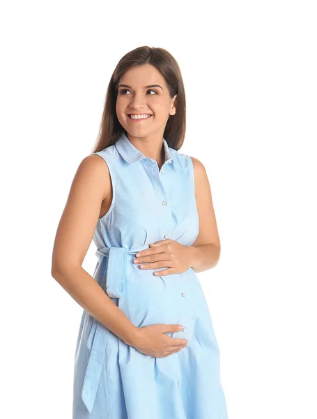白い背景の上の彼女の腹に触れる幸せな妊娠中の女性 — ストック写真