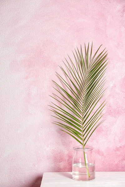 Vase with tropical date palm leaf on table near color wall