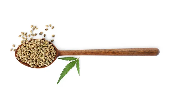 Spoon Hemp Seeds Green Leaf White Background Top View — Stock Photo, Image