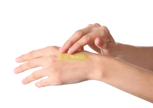 Woman Applying Hemp Lotion Hand White Background Closeup — Stock Photo, Image