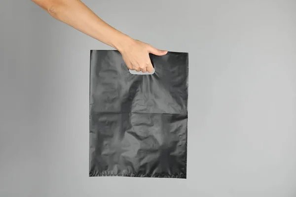 Woman Plastic Bag Grey Background Mock Design — Stock Photo, Image