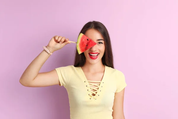 Beautiful Young Woman Posing Watermelon Color Background — Stock Photo, Image